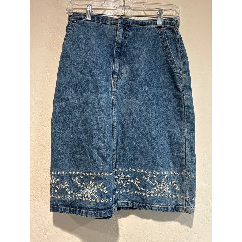 Gloria Vanderbilt Blue Denim Embroidered Floral Eyelet‎ Midi Skirt Womens Size 6